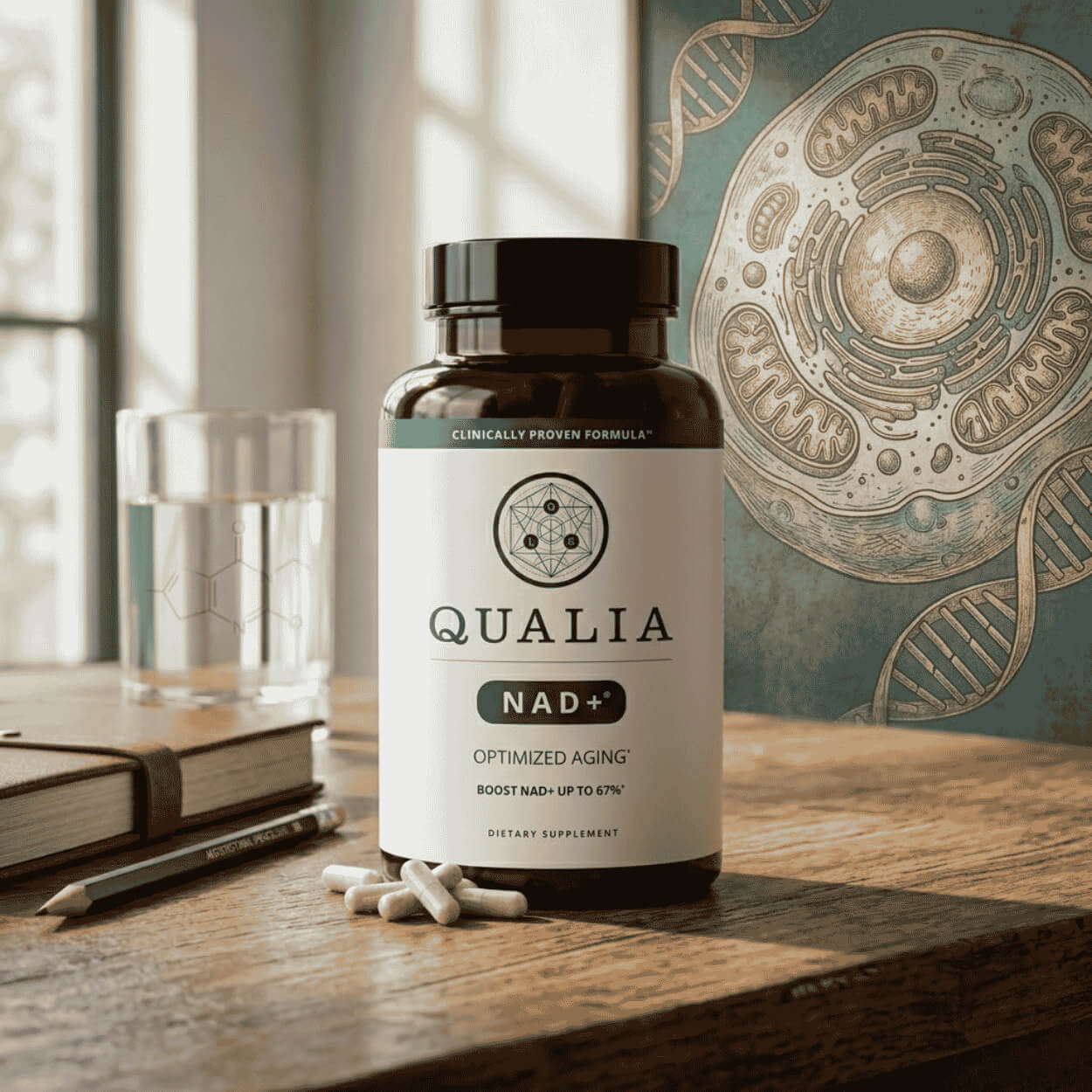 Qualia NAD+ bottle with cellular health illustration background.